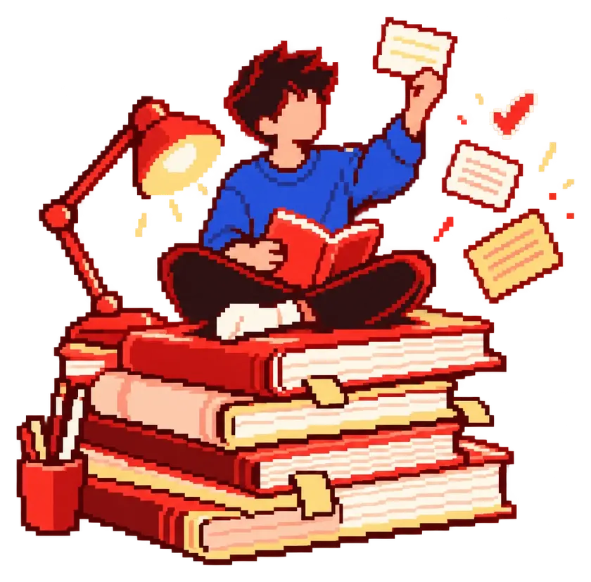 Pixel art: student with flashcards